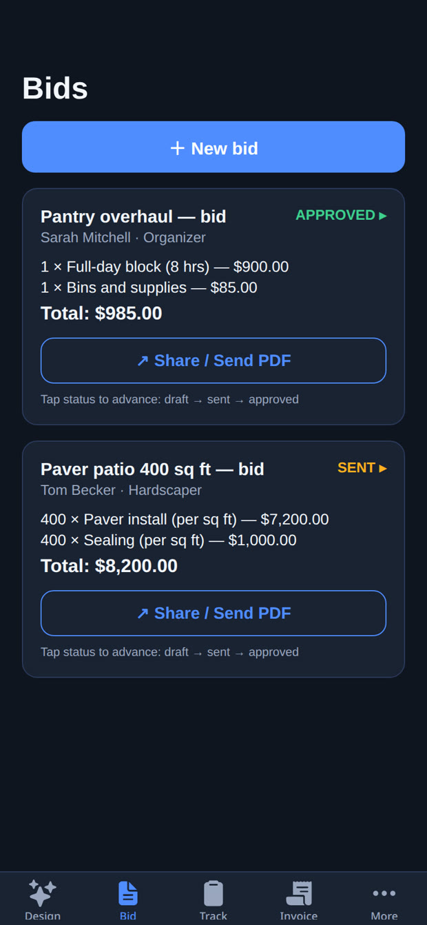 Bids screen in the NailLedger app — real app screenshot