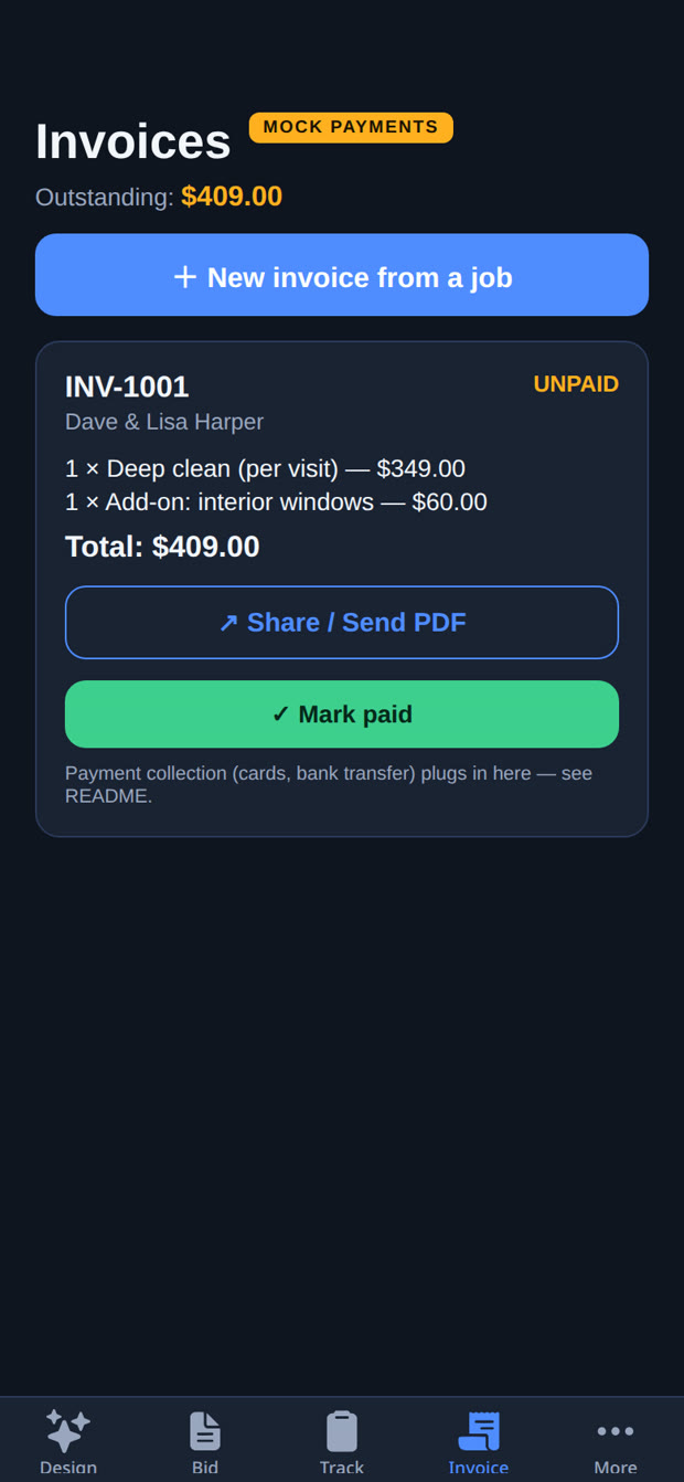Invoices screen in the NailLedger app — real app screenshot