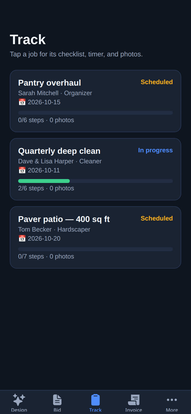 Track screen in the NailLedger app — real app screenshot