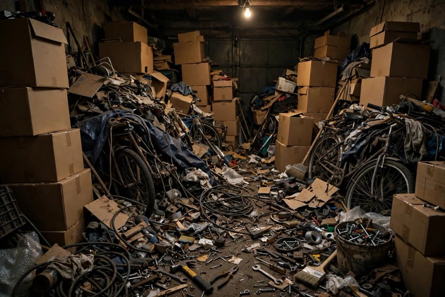Before photo: a cluttered garage